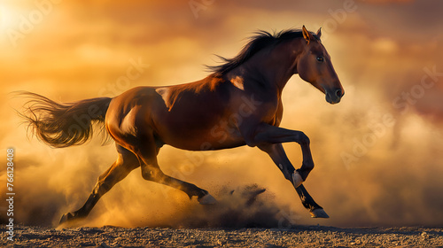 Majestic Horse Galloping at Sunset  Dust in the Golden Light