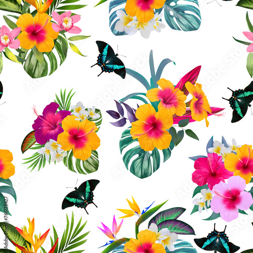 Seamless pattern. Tropical flowers. Hibiscus, monstera, flower of paradise, palm tree, butterflies. Exotic texture.