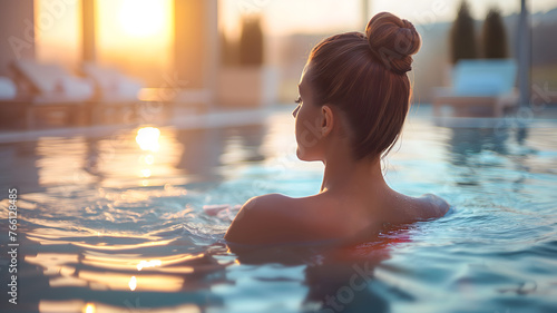 Serene Woman Relaxing in Pool at Sunset with Golden Light Reflection