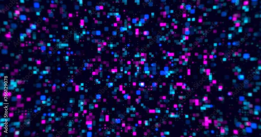 Digital small squares and circles moving background. Hi tech flickering moving little dots across screen technology cloud computing ai grid bg. Artisitic circuit data transition flow motion graphic. Digital small squares and circles moving background. Hi tech flickering moving little dots across screen technology cloud computing ai grid bg. Artisitic circuit data transition flow motion graphic.