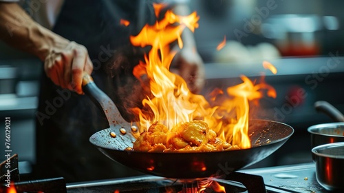 Chefs preparing meals in close-up using fire