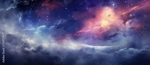 An artwork depicting a galaxy in the purple sky with fluffy cumulus clouds and shimmering stars  creating a dreamy and astronomical atmosphere