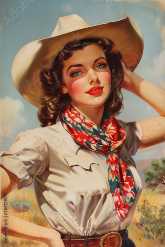 brunette cowgirl wearing western shirt and bandana with desert vista vintage americana painting