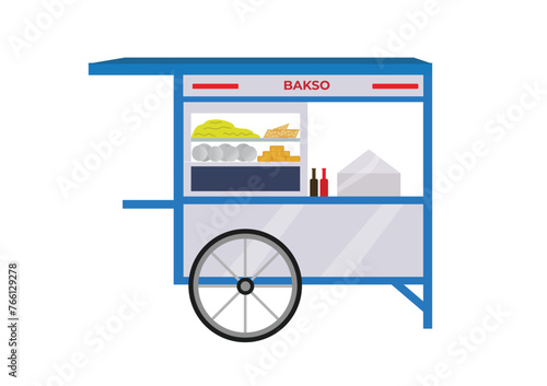 Gerobak Bakso. Traditional Indonesian meatball cart for street food vendor. Flat style. Isolated on white background. Cart icon.