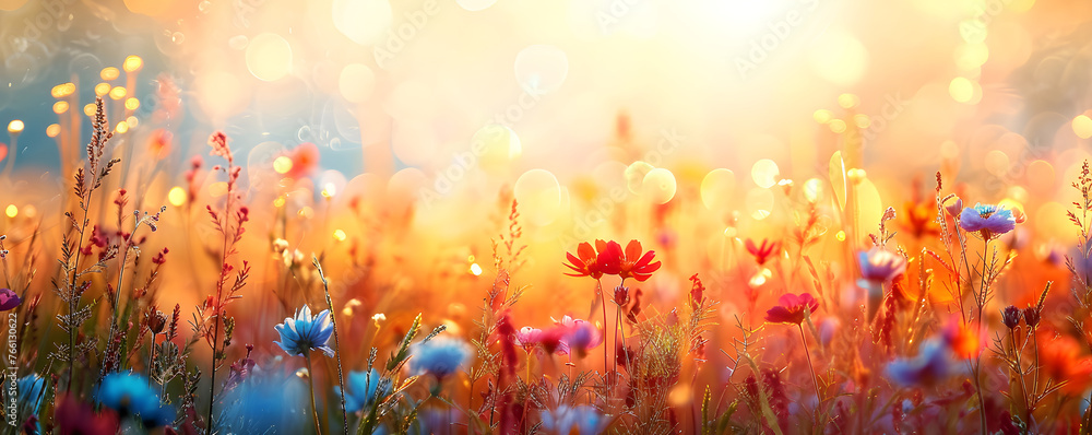 Beautiful meadow with wild flowers over sunset sky, a perfect backdrop for nature and landscape themes