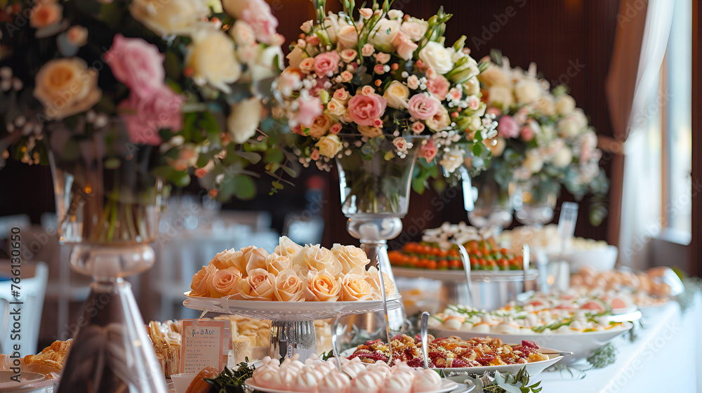Delicacies and snacks at the buffet or banquet. Catering.snacks on the table at the ,Festive buffet at the event with desert champagne and wine Soft focusbirthday,aniversity, wedding decoration table
