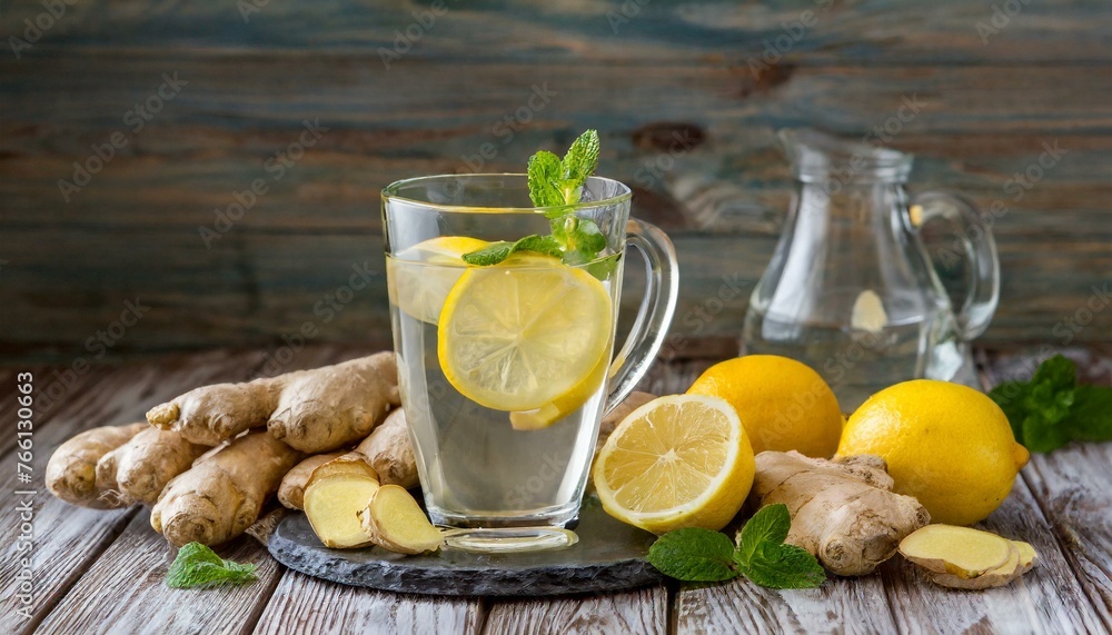fresh lemonade with lemon, a glass of water with lemons and ginger on a wooden table