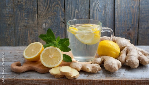 a glass of water with lemons and ginger on a wooden table