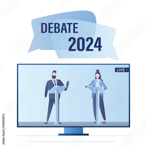 Open debates 2024, election campaign before Vote. TV screen with leaders of opposing political parties conducting intense discussion on public debates. Online political television show.
