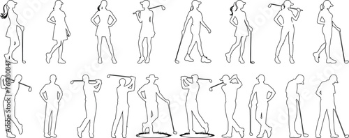Golfer line art collection, perfect for sports design, golf event promotions, and instructional content. Showcases various poses and swings