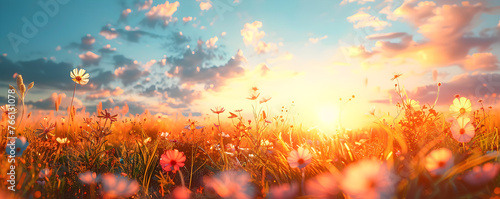 Beautiful meadow with wild flowers over sunset sky, nature field background with sun flare and silhouettes of wild grass and flowers.