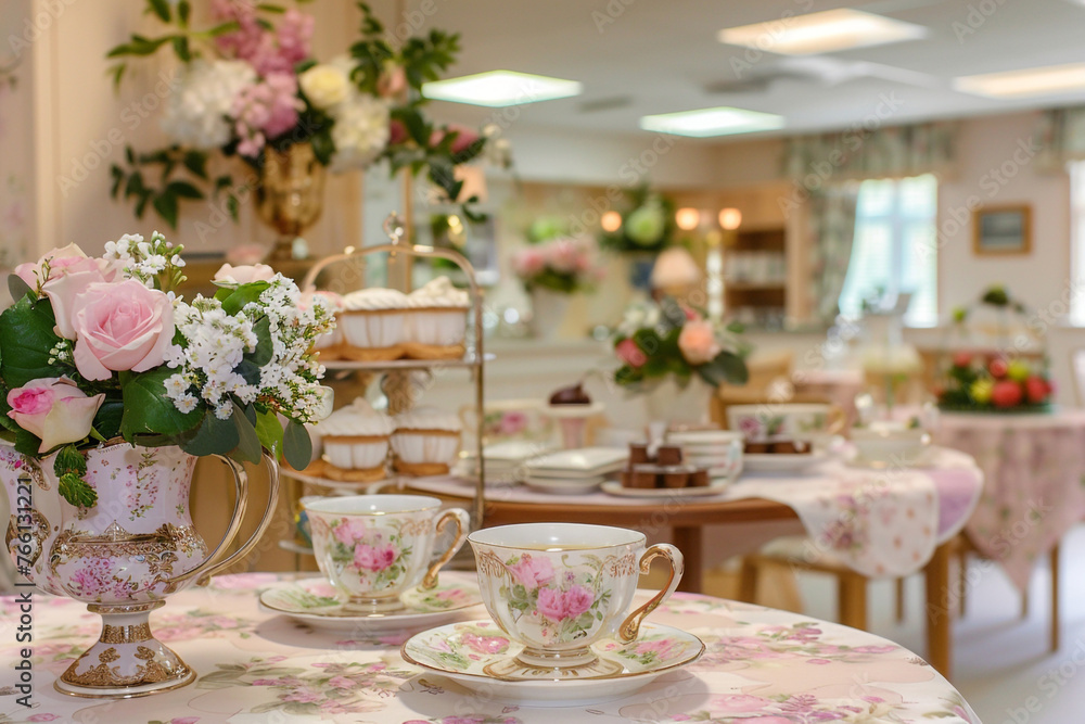 An elegant tea room in a retirement home, with vintage china, delicate floral arrangements, and a selection of fine teas and pastries, inviting conversation and relaxation.