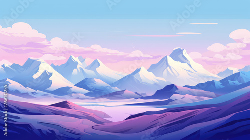Flat mountains landscape. Winter beautiful blue mountains landscape with a forest. Snowy mountains and slopes, winter evening and morning landscape, sunset, sunrise at europe switzerland.