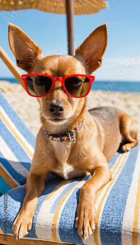 A toy terrier dog sunbathes on the beach. A dog on vacation lies