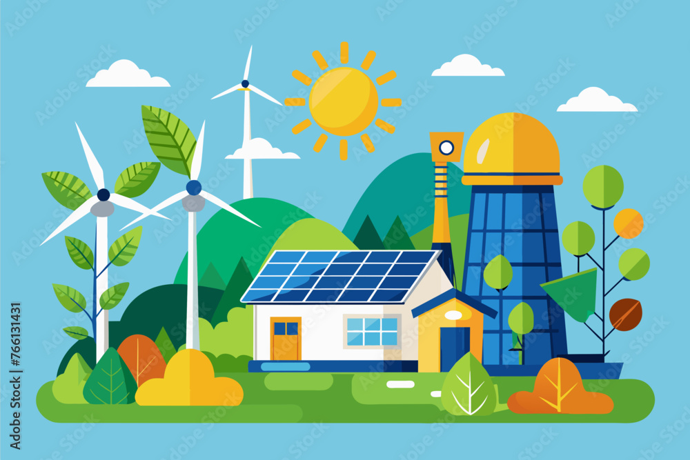 Renewable energy sources windmill solar panels vector illustration