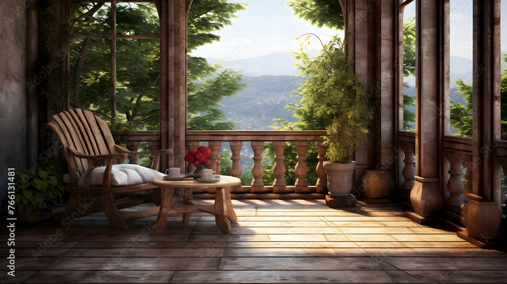 balcony with wooden furniture AI generated
