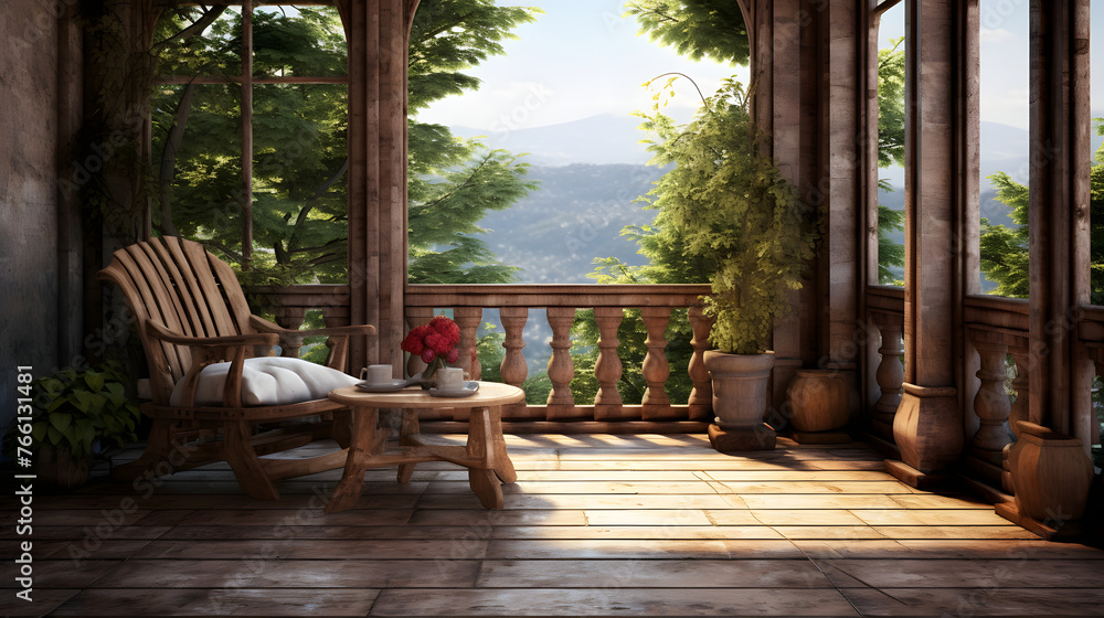 balcony with wooden furniture AI generated balcony with wooden furniture AI generated