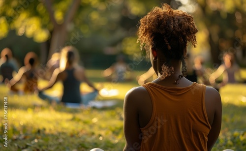 The golden light of sunset bathes a peaceful group yoga session in the park. photo
