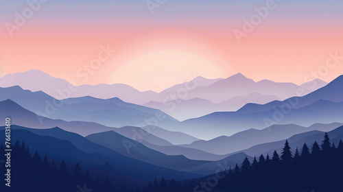 Flat mountains landscape. Winter beautiful blue mountains landscape with a forest. Snowy mountains and slopes, winter evening and morning landscape, sunset, sunrise at europe switzerland.