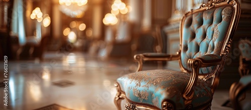 In the grand palace building, a wooden chair sits elegantly in the center of an opulent room with intricate glass, metal, and art details