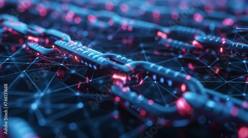 A detailed image showcasing an interconnected blockchain network with glowing links symbolizing security, digital finance and advanced technology.