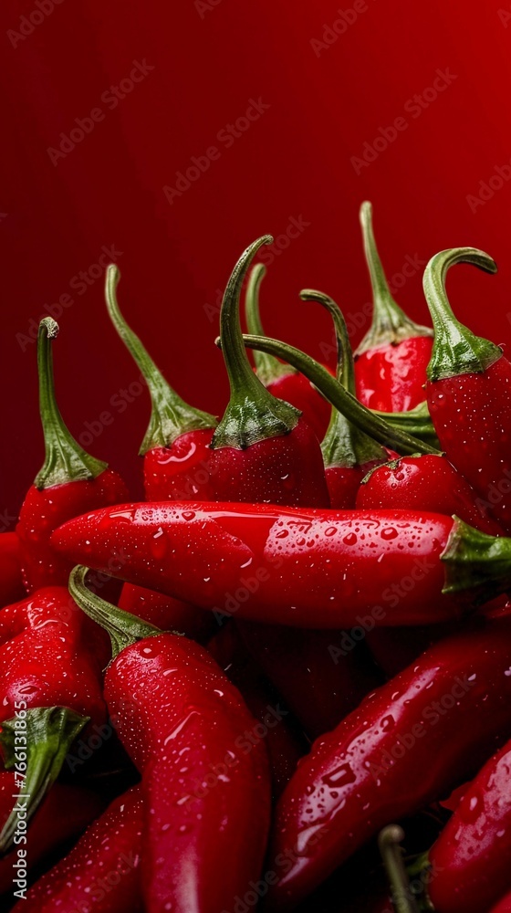 Vibrant red chili peppers arranged against a red background, generative AI Vibrant red chili peppers arranged against a red background, generative AI