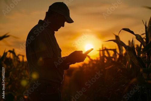 Rural Farmer Reviewing Crop Data on Tablet at Sunset, Silhouetted