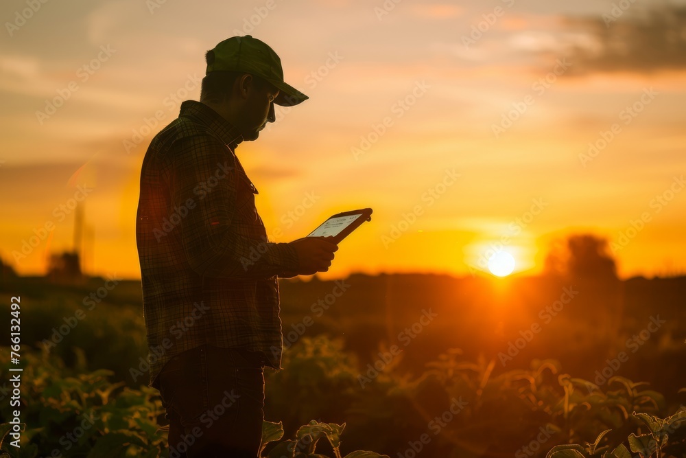 Tech-Savvy Farmer Reviewing Data on Tablet During Sunset in Field