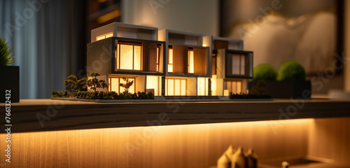 A miniature model of a modern townhouse placed on a shelf in a dimly lit room  with subtle lighting highlighting its tiny windows and architectural features
