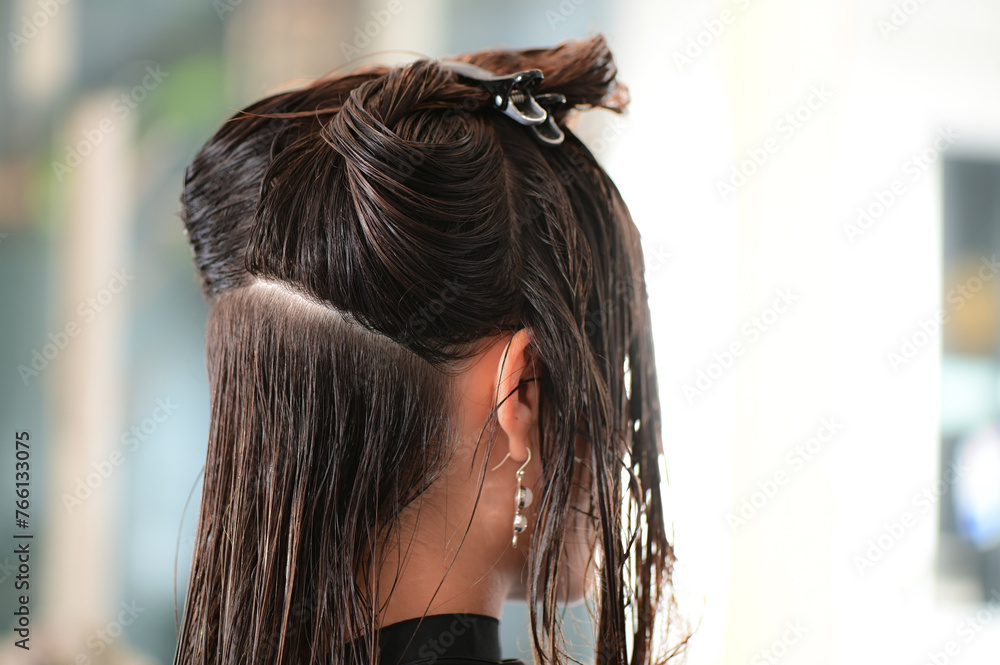 Naklejka premium Elegant Brunette Woman Hair Bun Preparation