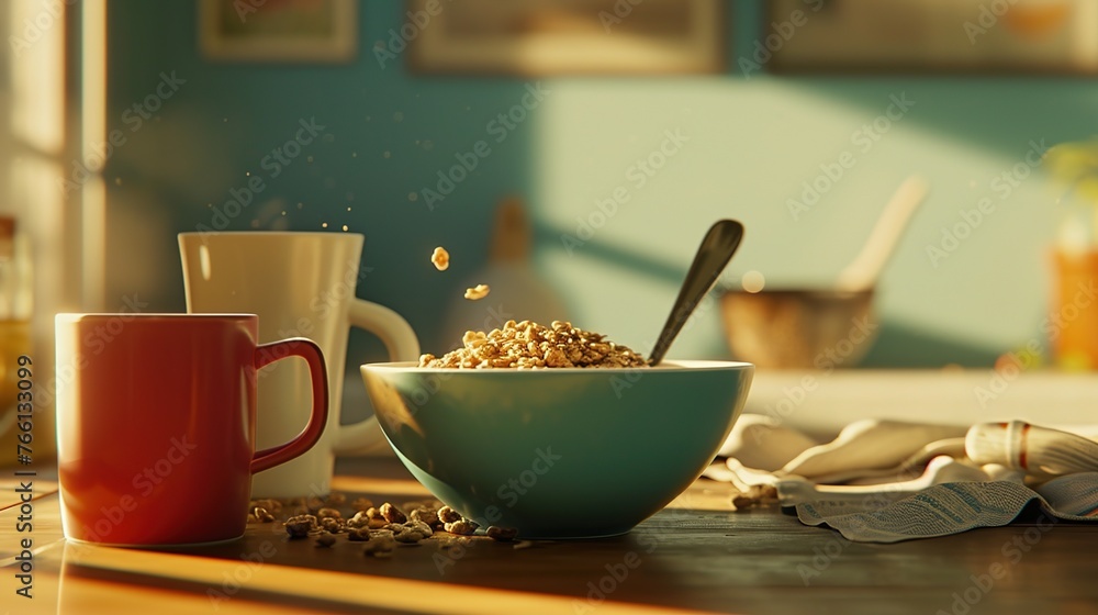 a bowl with cereal next to a cup and a spoon a bowl with cereal next to a cup and a spoon