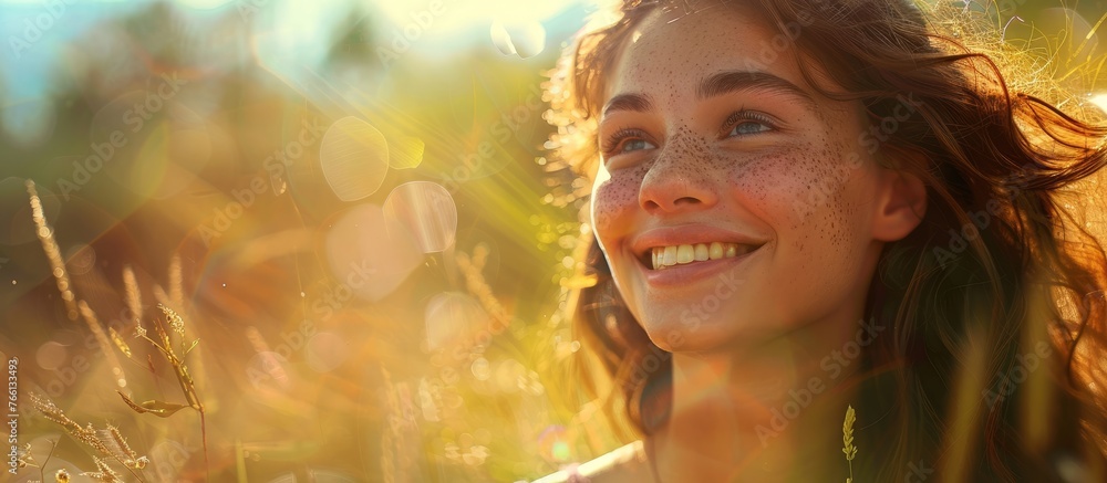 A happy woman with a smile on her face is standing in a field of tall grass, her hair blowing in the wind as she enjoys nature around her A happy woman with a smile on her face is standing in a field of tall grass, her hair blowing in the wind as she enjoys nature around her