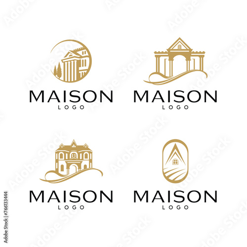 Set of luxury and elegant classic house logo design in gold color. Maison Loo design set