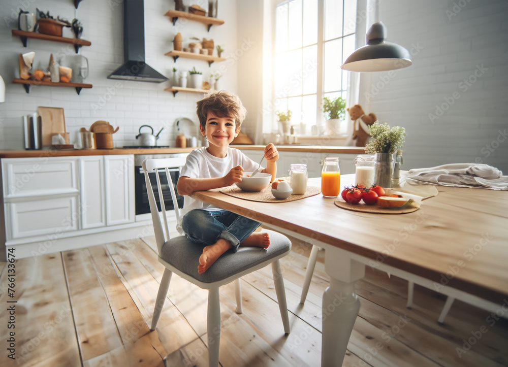 Junge Kind Heranwachsender sitzt fröhlich glücklich lächelnd barfuß am Tisch Frühstück zu Hause in hell Ausstattung Kindheit Ernährung Genuß Freude, Start in den Tag, Küche lebensstil frühstücken Junge Kind Heranwachsender sitzt fröhlich glücklich lächelnd barfuß am Tisch Frühstück zu Hause in hell Ausstattung Kindheit Ernährung Genuß Freude, Start in den Tag, Küche lebensstil frühstücken