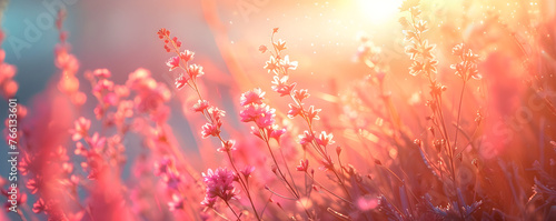 A beautiful meadow with wild flowers and sun flare over a sunset sky, depicting a peaceful and colorful nature backdrop for various uses.
