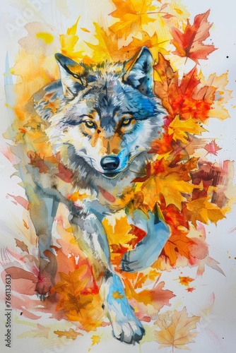 Watercolor painting of a wolf in the autumn forest. Wolves behave like mammalian carnivores, quite fierce, agile, and intelligent. Use for phone wallpapers, posters or cards.