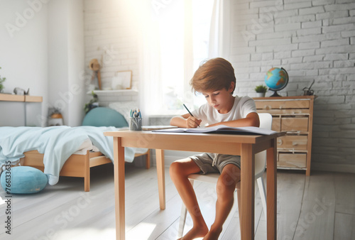 Kind Junge sitzt entspannt in hellem Kinder Jugend Zimmer barfuß am Schreibtisch schreibt lernt Hausaufgaben Schule Bildung zuhause allein spielend lernen glücklich und zufrieden flow motiviert  photo