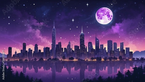Purple theme city skyline with starry night sky kids illustration concept background quirky from Generative AI