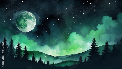 watercolor texture of a dark green theme starry night sky with moon from Generative AI