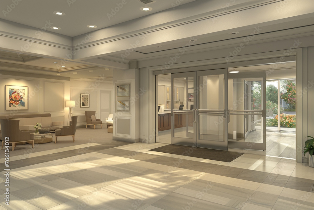  retirement home's entranceway transformation, showcasing the renovation unwelcoming entry to a bright, inviting space with automatic doors, a reception area, and sitting spaces for guests.