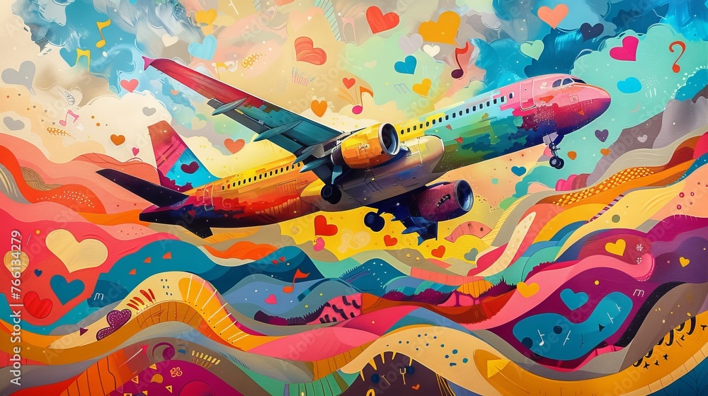 Colorful Airplane Flying Through Whimsical Clouds with Heart Motifs and Music Notes

