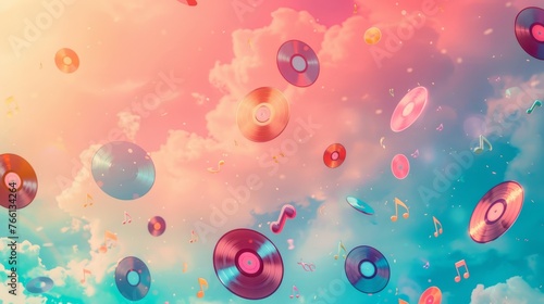 Pink and Blue Vinyl Records Floating in a Pastel Cloudy Sky 