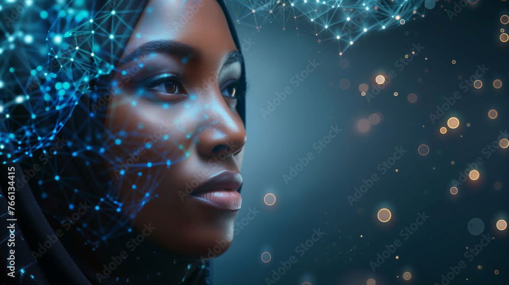 Beautiful African-American Muslim Woman with Hijab, Technological State of Consciousness Concept, Editorial-style with Blank Space for Copy Beautiful African-American Muslim Woman with Hijab, Technological State of Consciousness Concept, Editorial-style with Blank Space for Copy