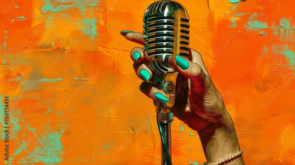 Vintage Microphone Held by Hand with Teal Nails against an Orange Backdrop

