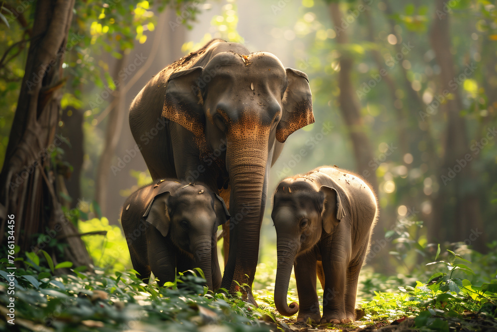 Fototapeta premium Asian elephants family enjoy nature life in jungle in Thailand.