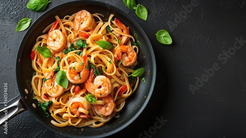 Pasta with shrimp and greens on a pan against a dark backdrop photo