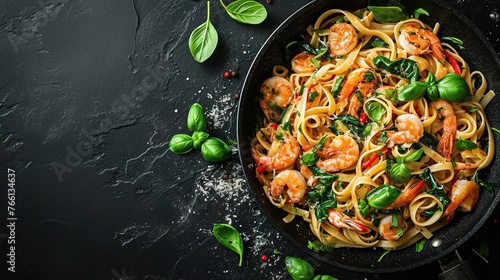 Pasta with shrimp and greens on a pan against a dark backdrop