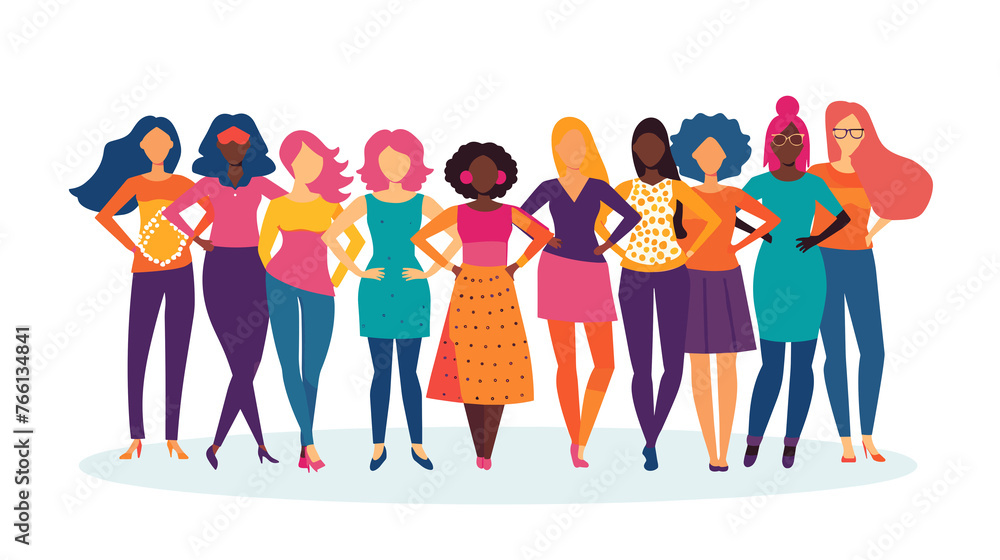 Diverse group of confident women standing together, colorful illustration with copy space Diverse group of confident women standing together, colorful illustration with copy space