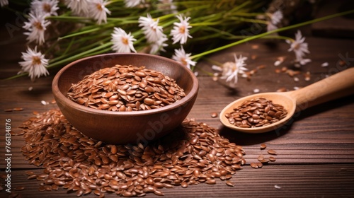 Brown flax seeds on a wooden background. A useful addition to food. Foods rich in fats and protein. Diet, vegetarianism.