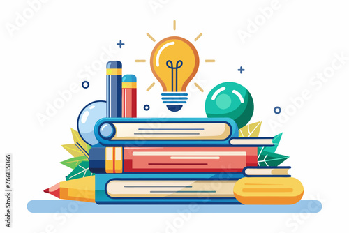 stack of educational books with idea light bulbs vector illustration photo